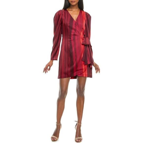 Socialite Stripe Long Sleeve Satin Wrap Dress NEW NWT - Picture 1 of 12